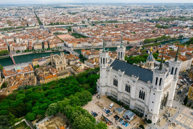 Aerial View of the Notre-Dame de Fourviere Basilica in Lyon France