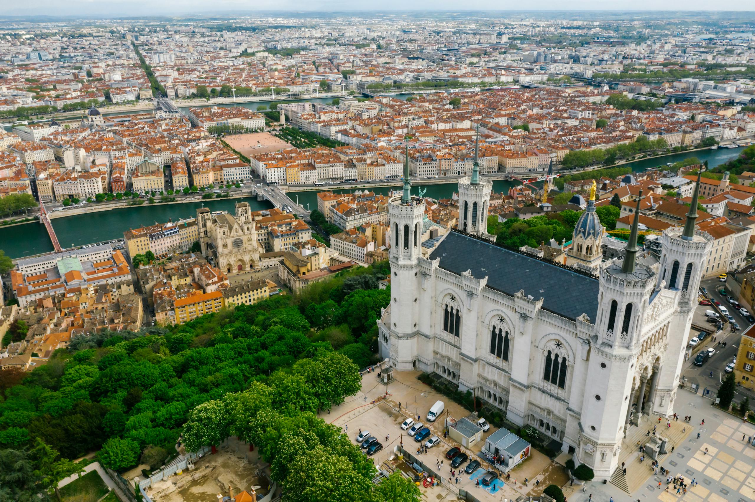 Aerial View of the Notre-Dame de Fourviere Basilica in Lyon France